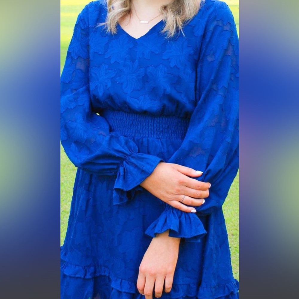Blue floral dress.